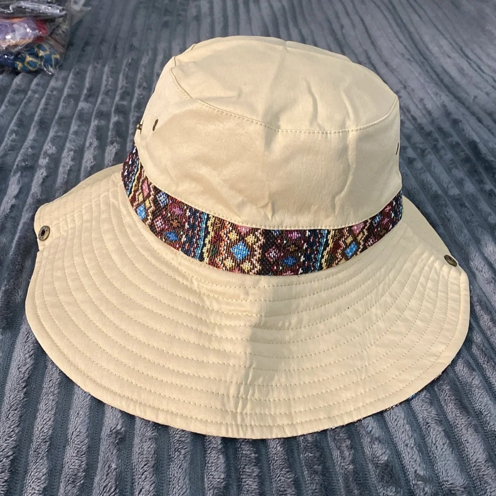 Rodeo Boho Embroider Wide Brim Fisher Hicking Travel 2Way Sunhat - Picture 5 of 6